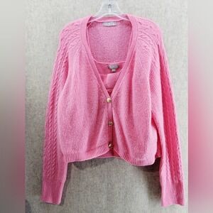 J Crew Pink Cable Knit Cardigan Tank Top Sweater Set Women's XL
